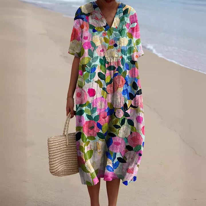 Maxine | Vibrant Floral V-Neck Midi Dress With Flutter Sleeves