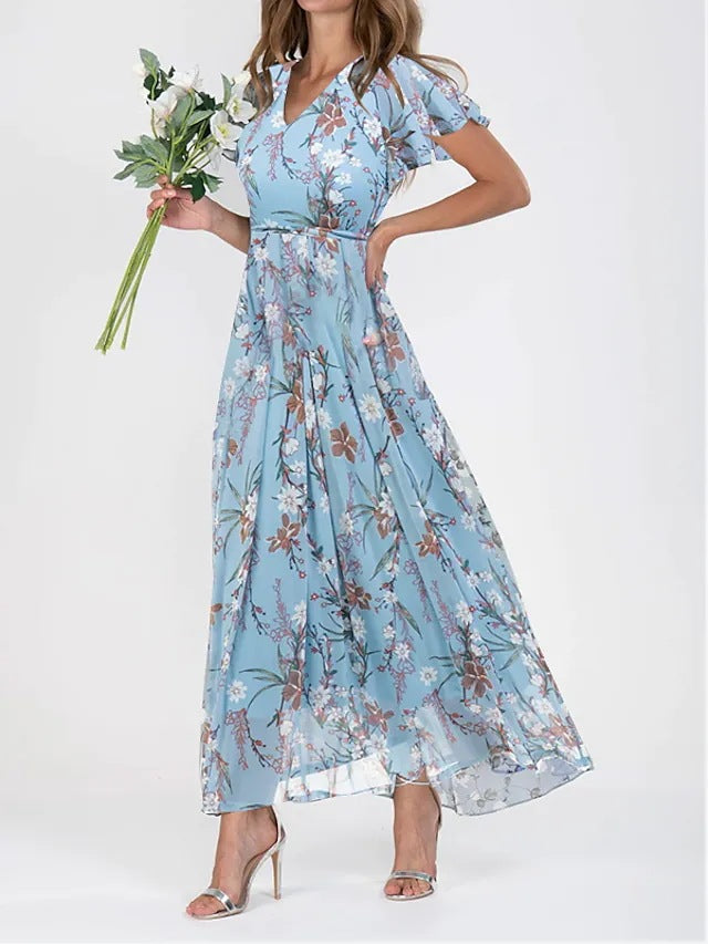 Margot | Elegant V-Neck Flutter Sleeve Floral Maxi Dress