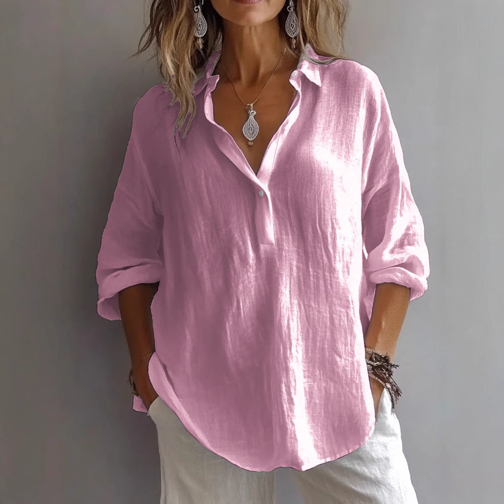 Fran | Chic White Linen V-Neck Button-Up Blouse With Rolled Sleeves