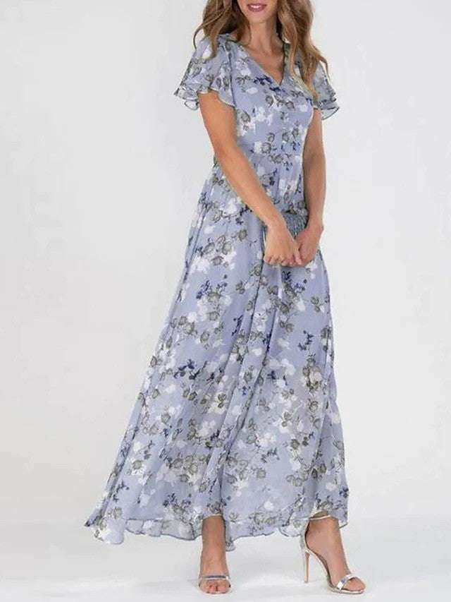Margot | Elegant V-Neck Flutter Sleeve Floral Maxi Dress