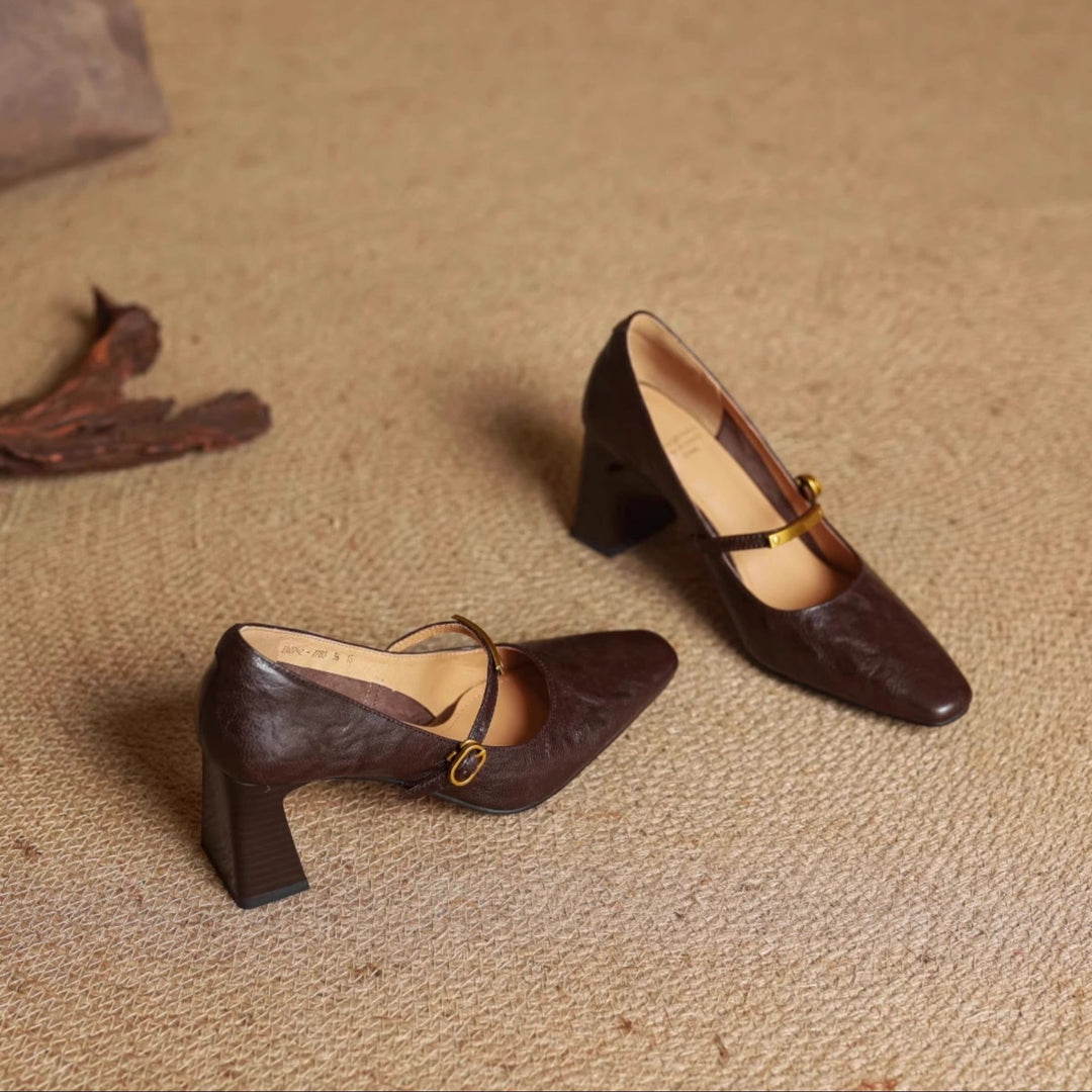 Auria | Elegant Square-Toe Mary Jane Block Heel Pumps