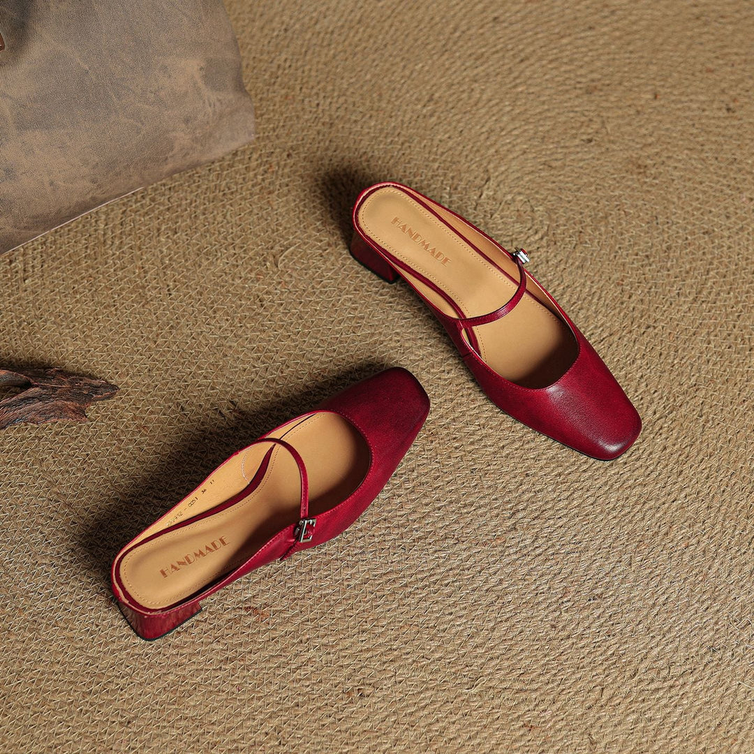 Leona | Elegant Square Toe Block Heel Leather Mules