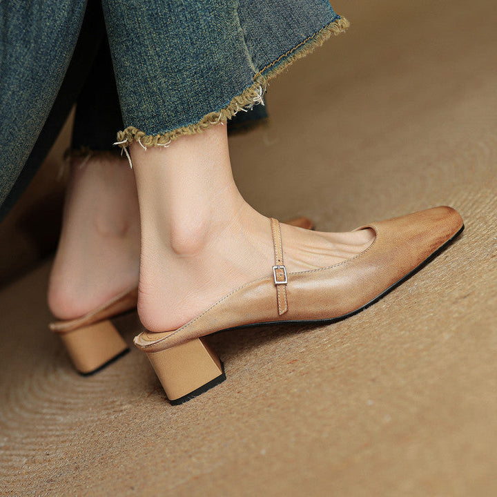 Leona | Elegant Square Toe Block Heel Leather Mules
