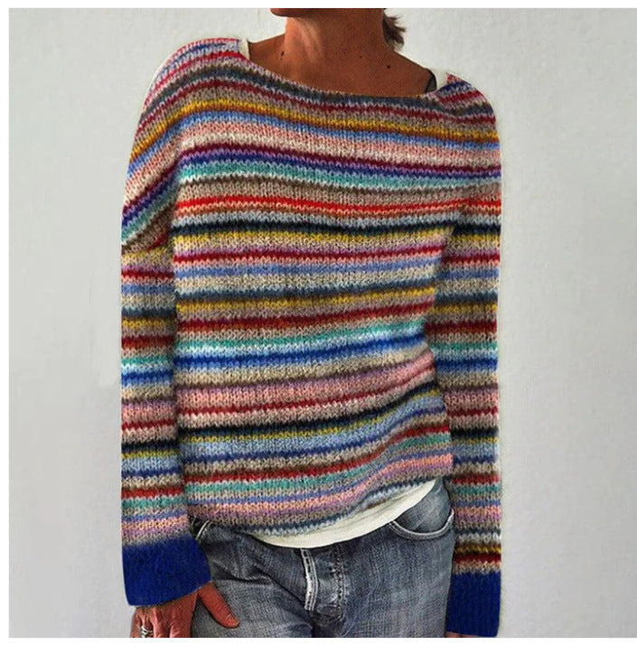 Penelope | Chic Rainbow Striped Long Sleeve Knit Sweater