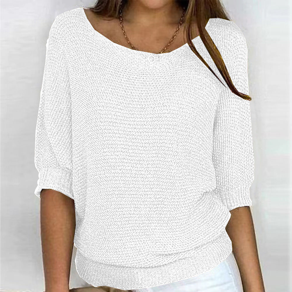 Lila | Chic Blue Textured Knit Pullover With 3/4 Sleeves