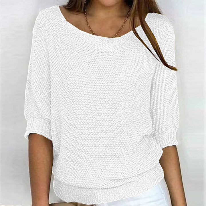Lila | Chic Blue Textured Knit Pullover With 3/4 Sleeves