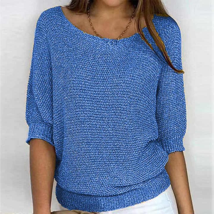 Lila | Chic Blue Textured Knit Pullover With 3/4 Sleeves