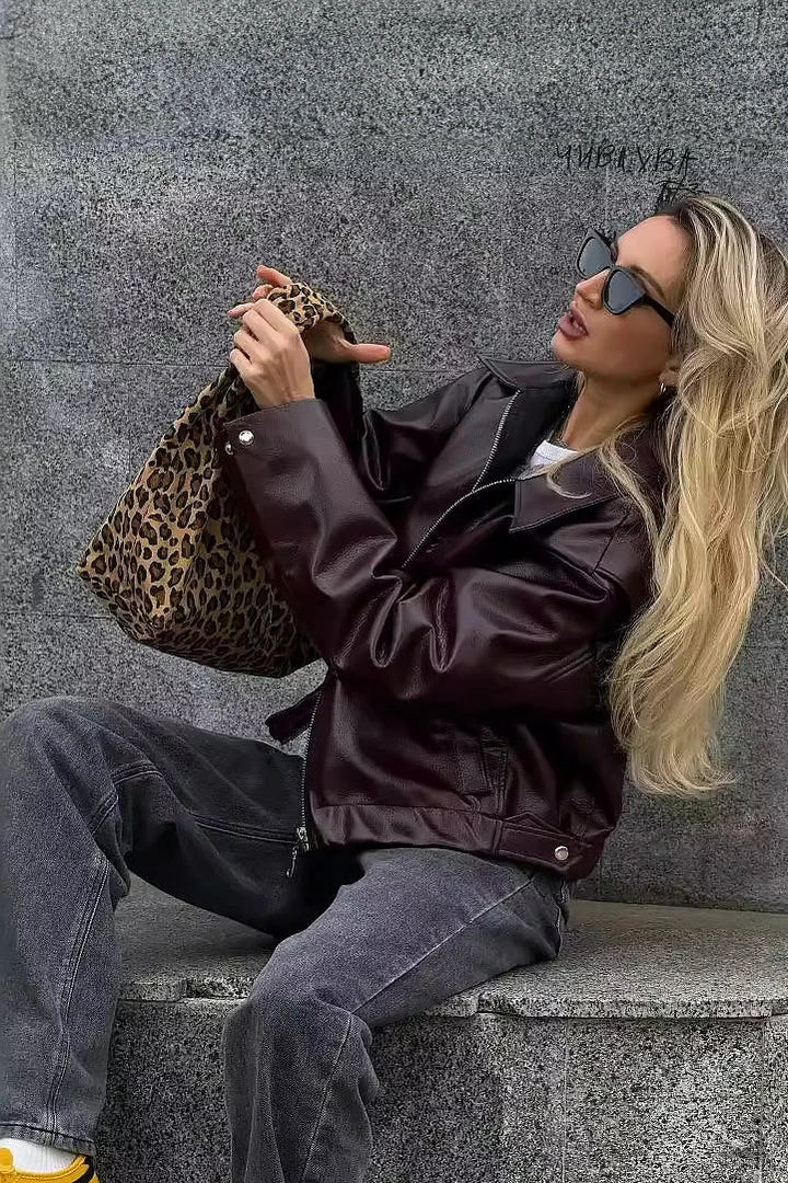 Cordelia | Chic Burgundy Leather Biker Jacket With Zip Front