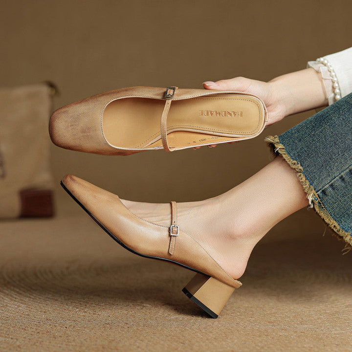 Leona | Elegant Square Toe Block Heel Leather Mules