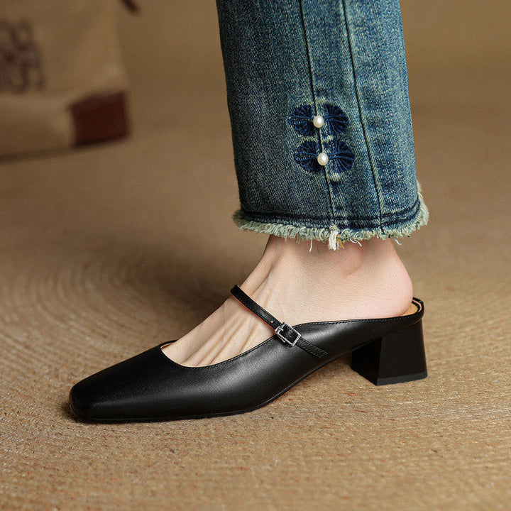 Leona | Elegant Square Toe Block Heel Leather Mules