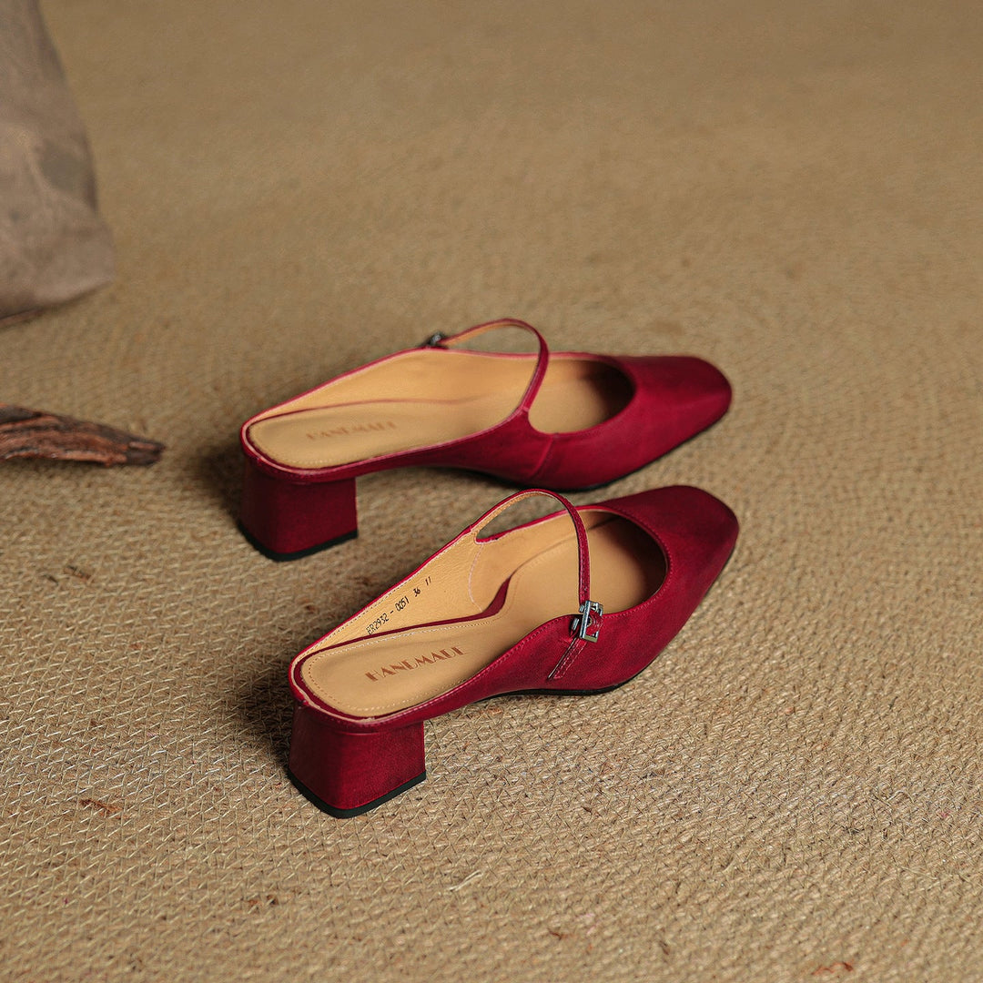 Leona | Elegant Square Toe Block Heel Leather Mules
