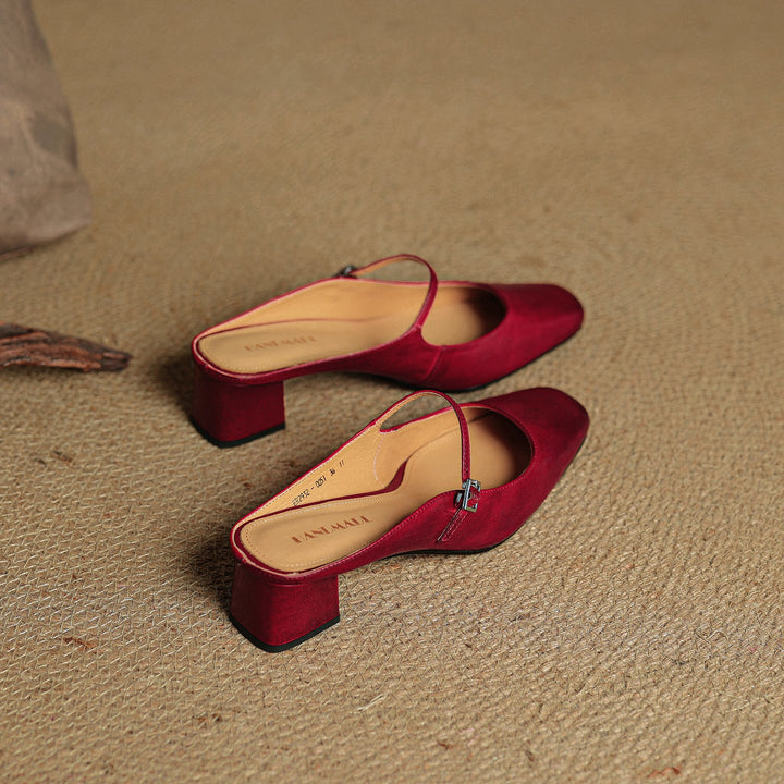 Leona | Elegant Square Toe Block Heel Leather Mules