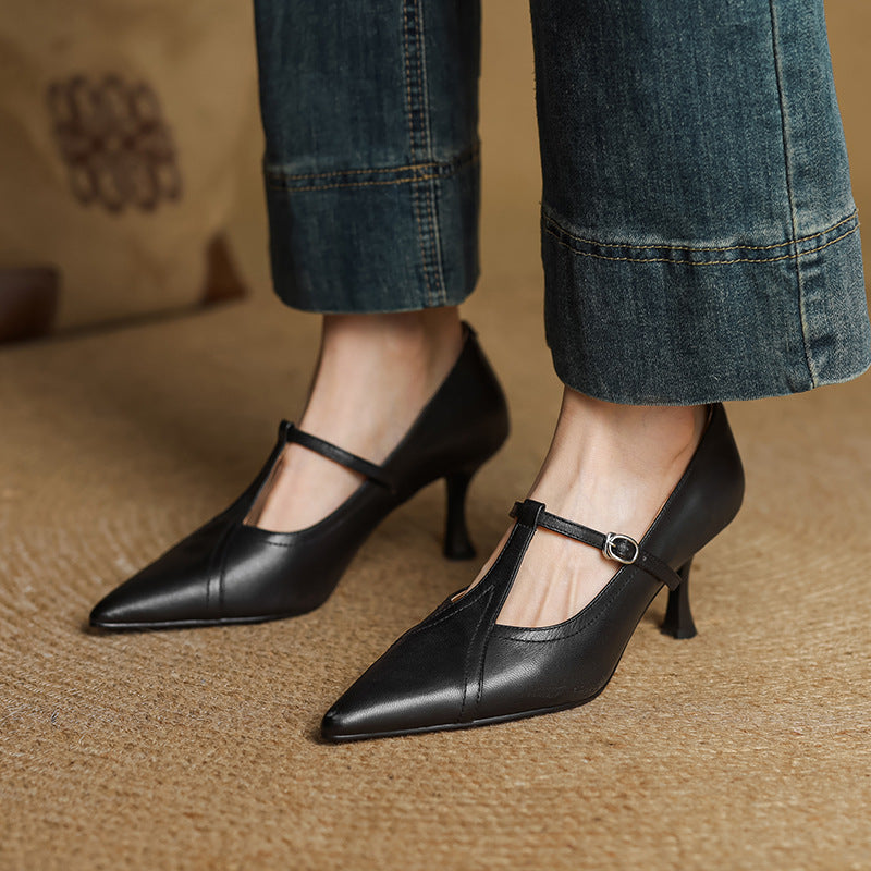 Eleanore | Elegant Pointed Toe T-Strap Leather Heels