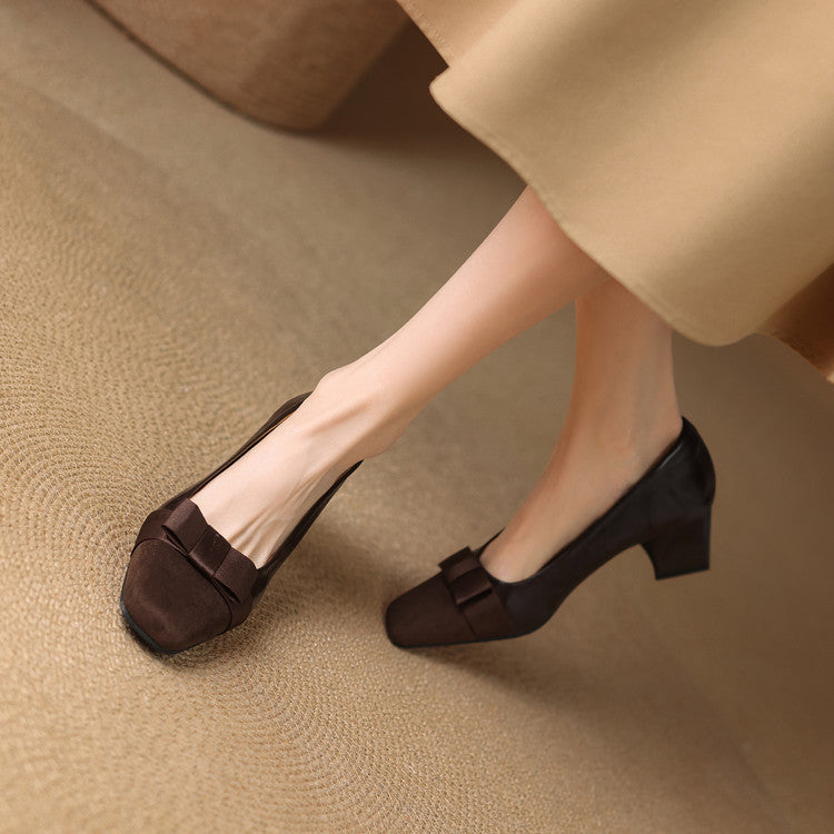Eloise | Elegant Square Toe Block Heel Pumps With Bow Detail