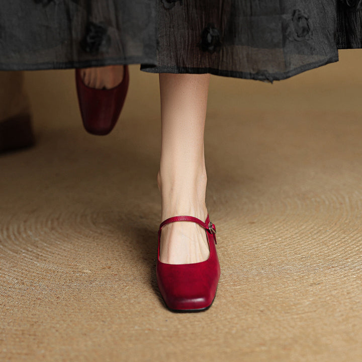 Leona | Elegant Square Toe Block Heel Leather Mules
