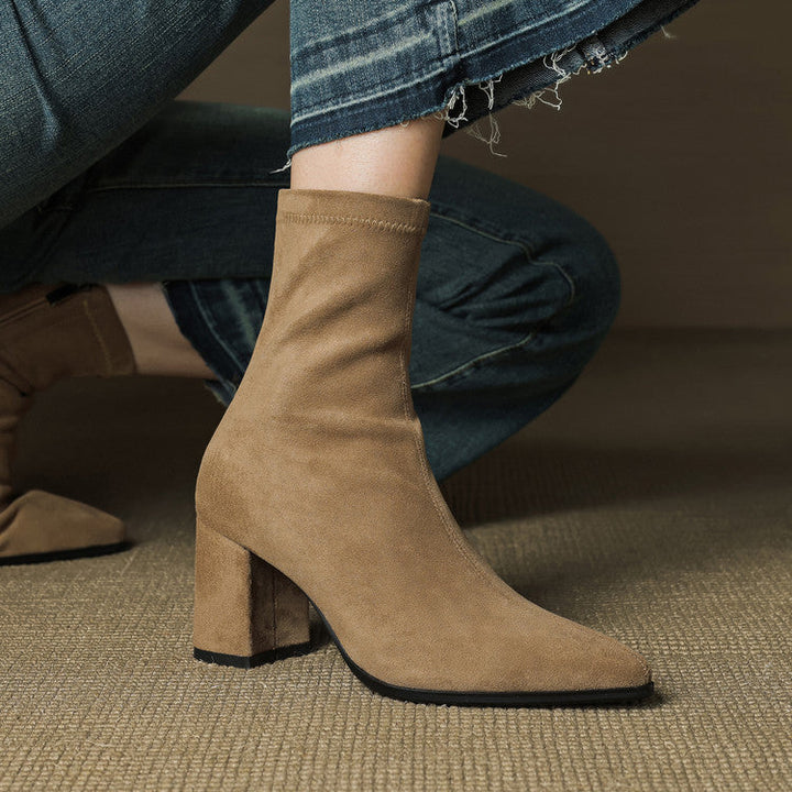 Rosanna | Chic Brown Suede Ankle Boots With Block Heel