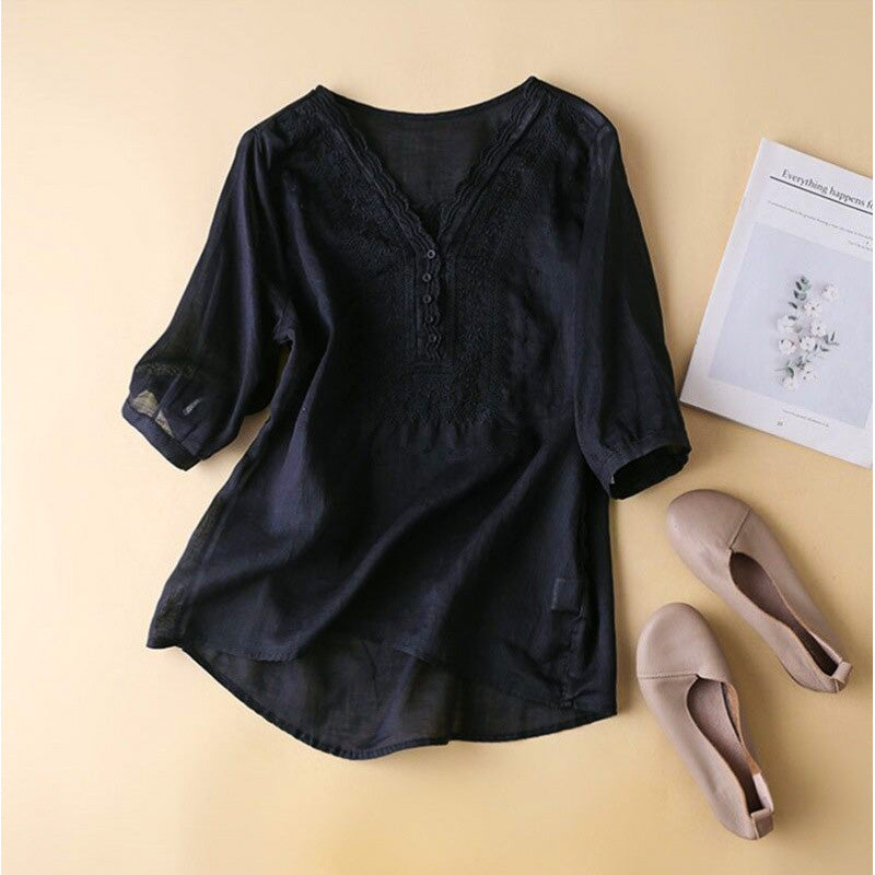 Vivienne | Elegant Embroidered V-Neck Cotton Linen Blouse