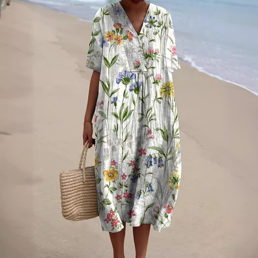Maxine | Vibrant Floral V-Neck Midi Dress With Flutter Sleeves