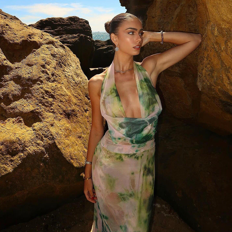 Sybil | Elegant Halter Backless Tie Dye Maxi Dress