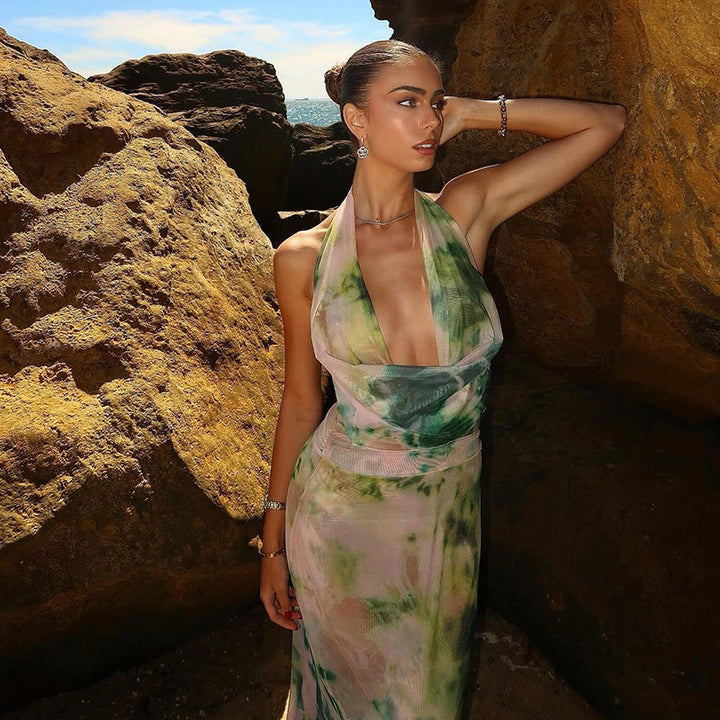 Sybil | Elegant Halter Backless Tie Dye Maxi Dress