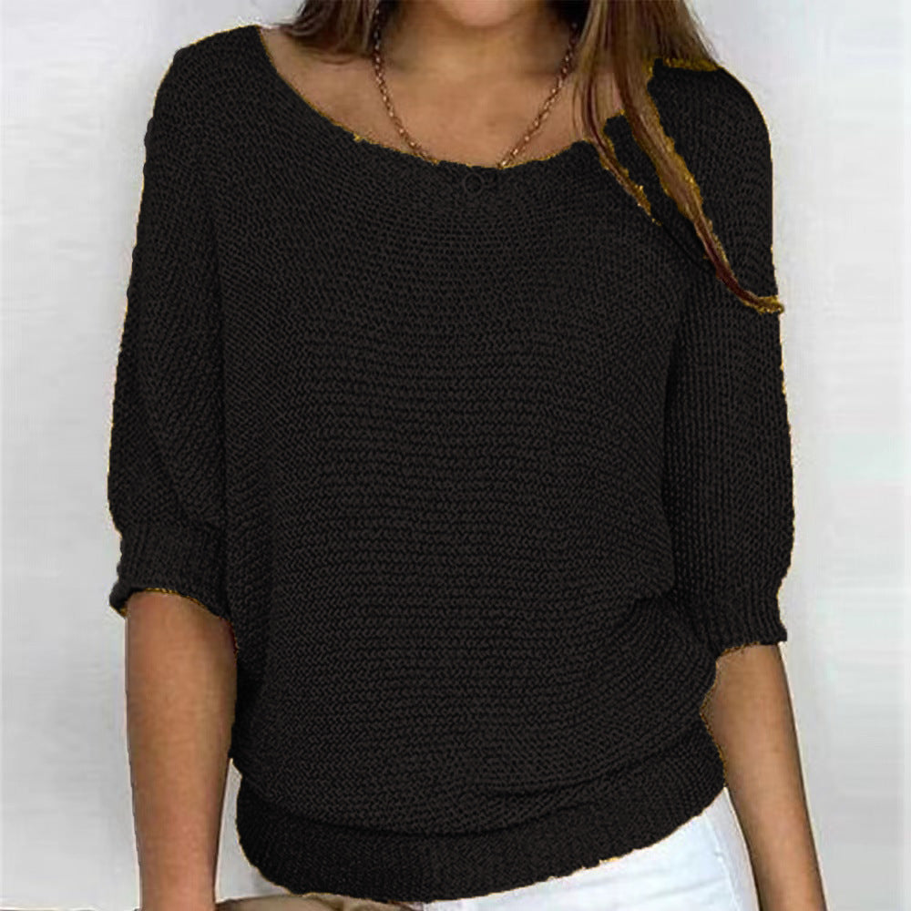 Lila | Chic Blue Textured Knit Pullover With 3/4 Sleeves