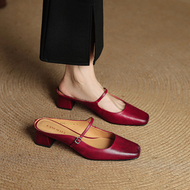 Leona | Elegant Square Toe Block Heel Leather Mules