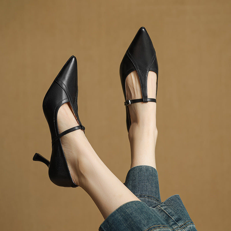 Eleanore | Elegant Pointed Toe T-Strap Leather Heels