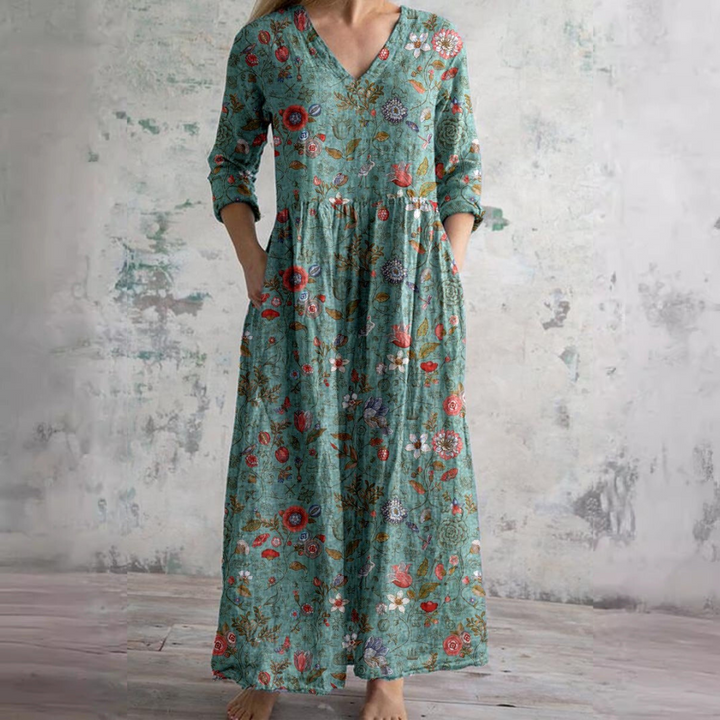 Millie | Elegant V-Neck Floral Maxi Dress With 3/4 Sleeves