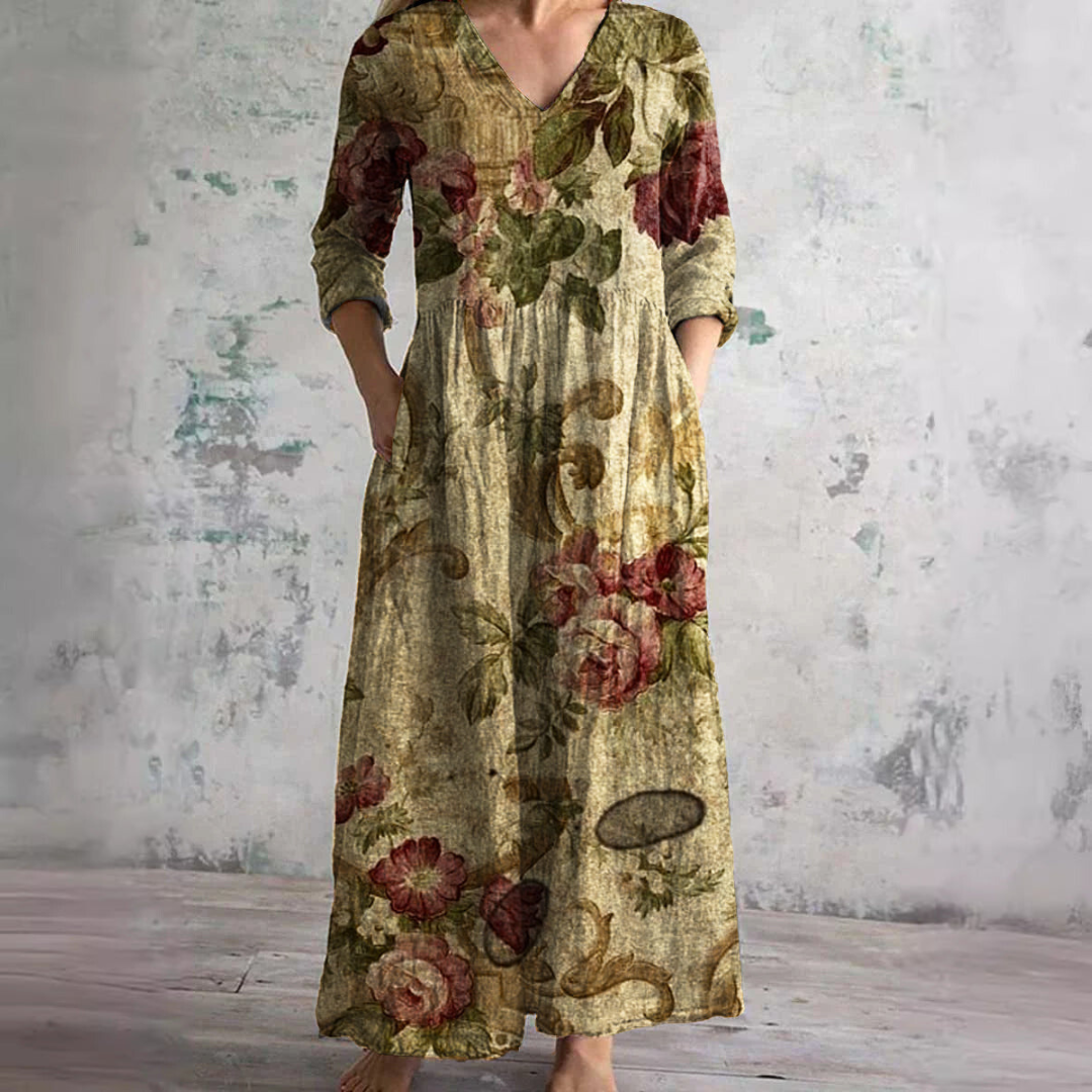 Millie | Elegant V-Neck Floral Maxi Dress With 3/4 Sleeves