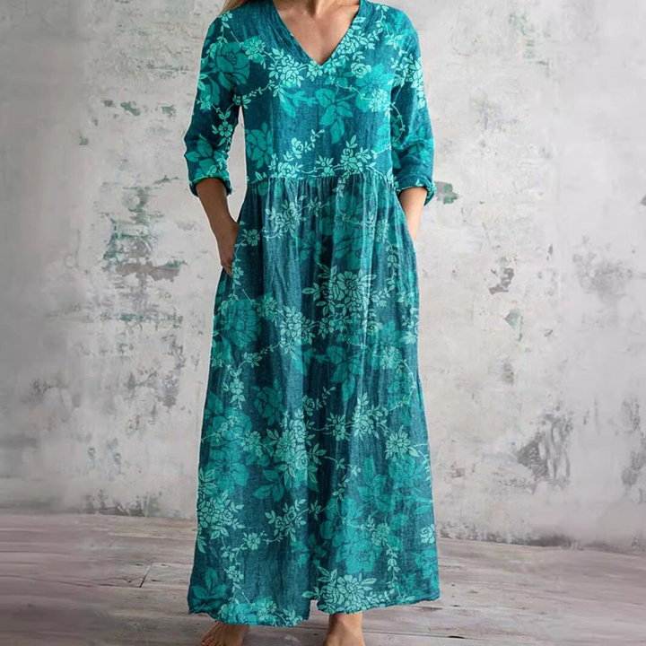 Millie | Elegant V-Neck Floral Maxi Dress With 3/4 Sleeves