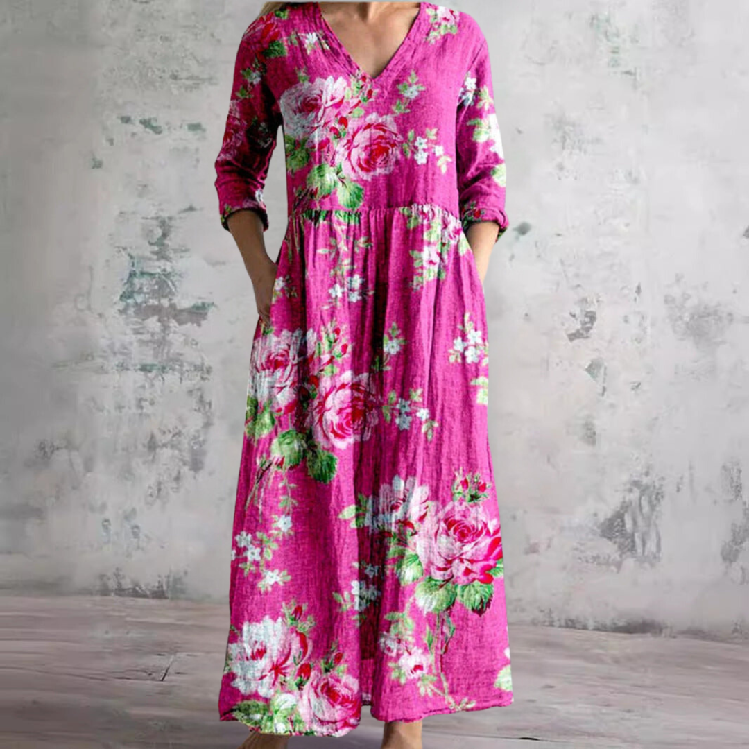 Millie | Elegant V-Neck Floral Maxi Dress With 3/4 Sleeves