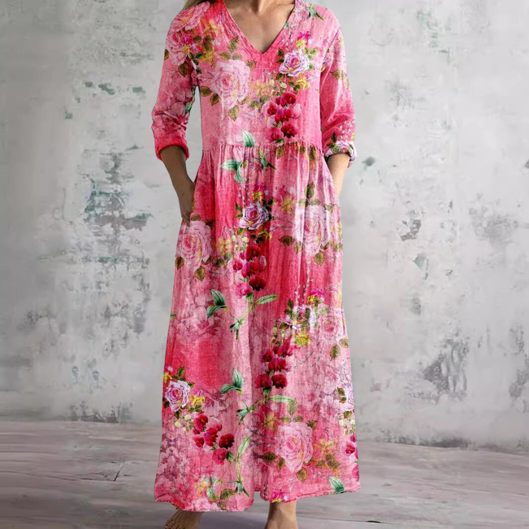 Millie | Elegant V-Neck Floral Maxi Dress With 3/4 Sleeves