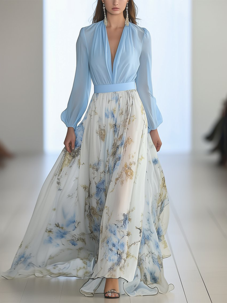 Ophelia | Elegant Floral V-Neck Maxi Dress With Long Sleeves