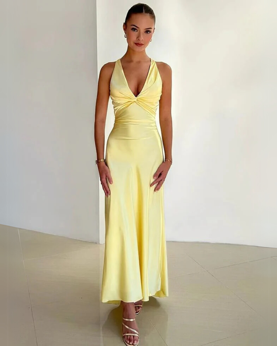 Aria | Elegant V-Neck Backless Satin Maxi Gown