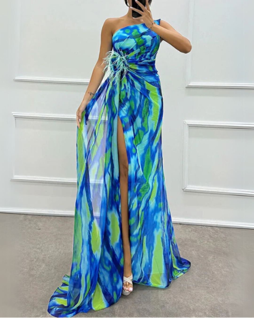 Millie | Elegant One Shoulder Feather Detail Maxi Gown