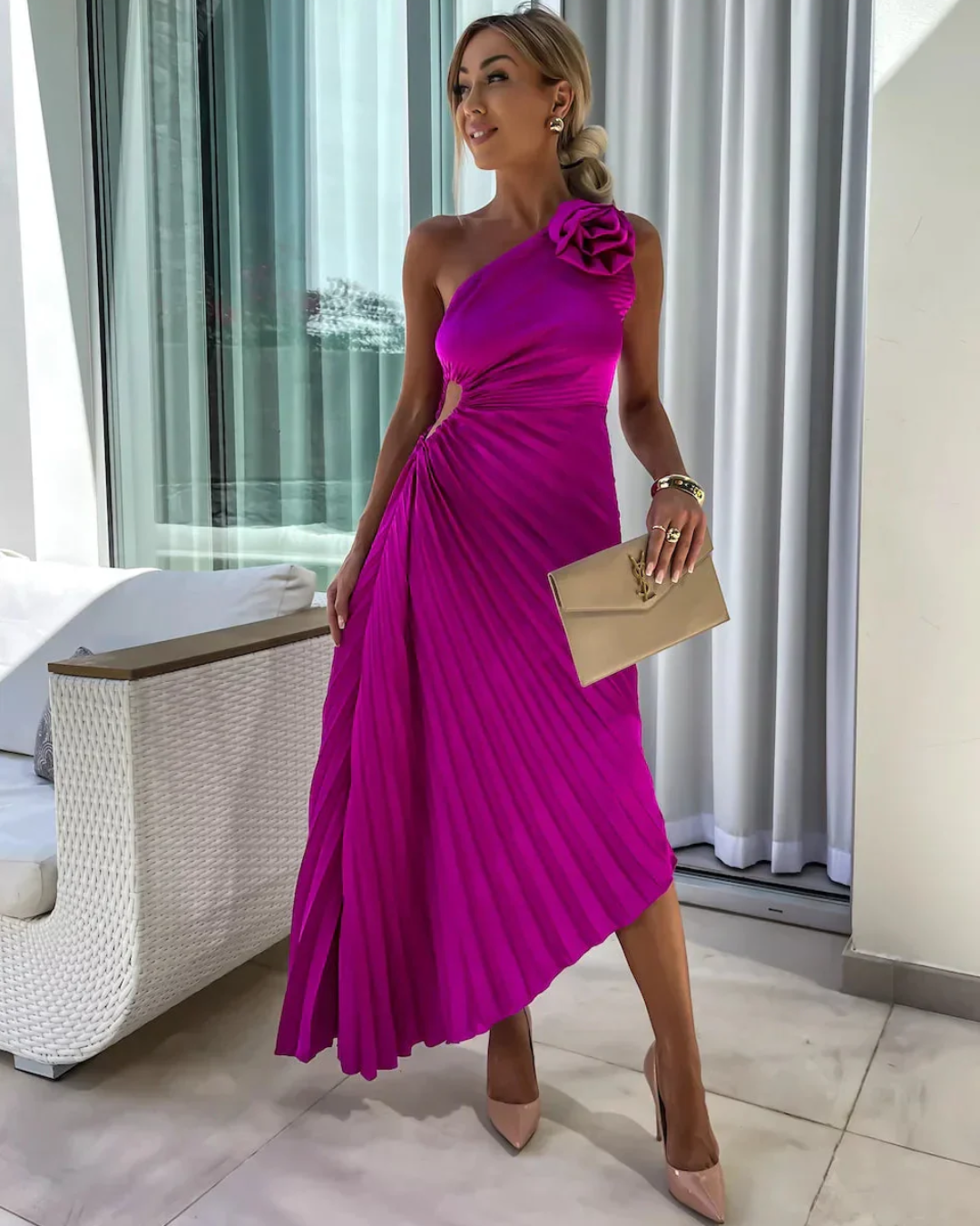 Isabella | Chic One Shoulder Pleated Midi Dress