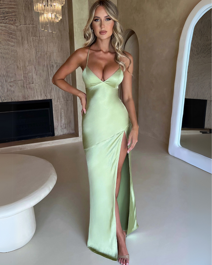 Phoebe | Elegant Satin V-Neck Maxi Dress With High Slit