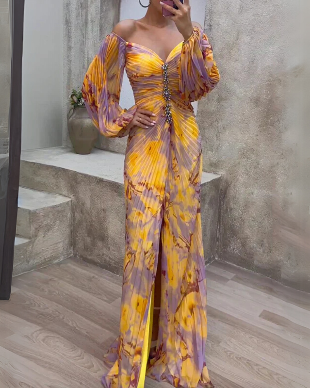 Sybil | Elegant Off-Shoulder Draped Maxi Gown With V-Neck