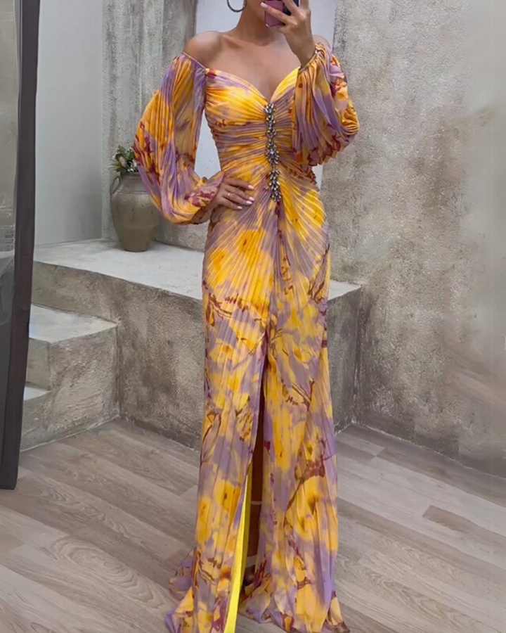 Sybil | Elegant Off-Shoulder Draped Maxi Gown With V-Neck