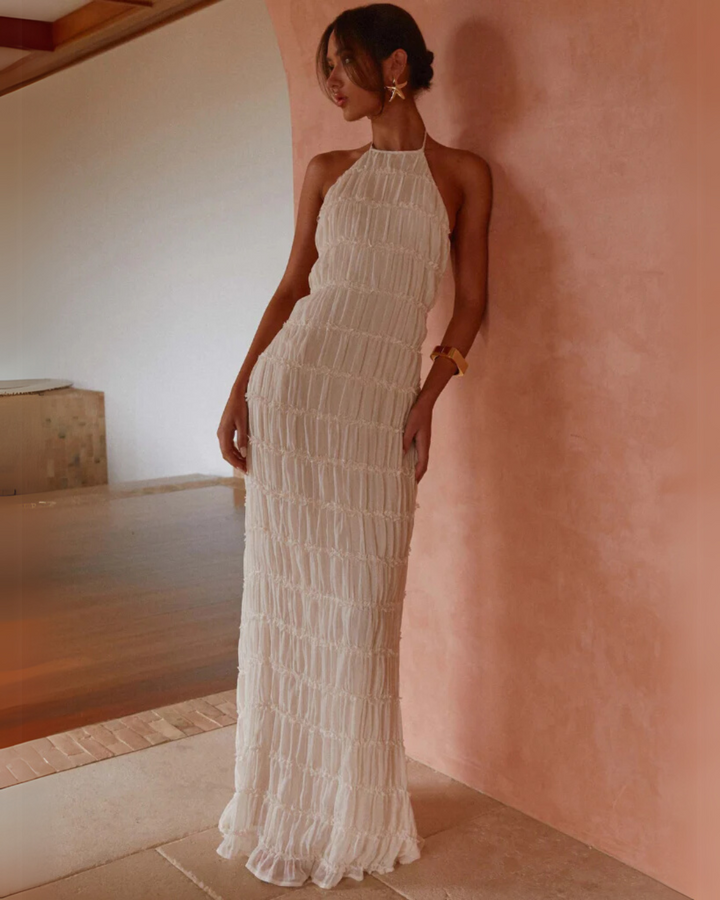 Sybil | Elegant Textured Halter Maxi Gown