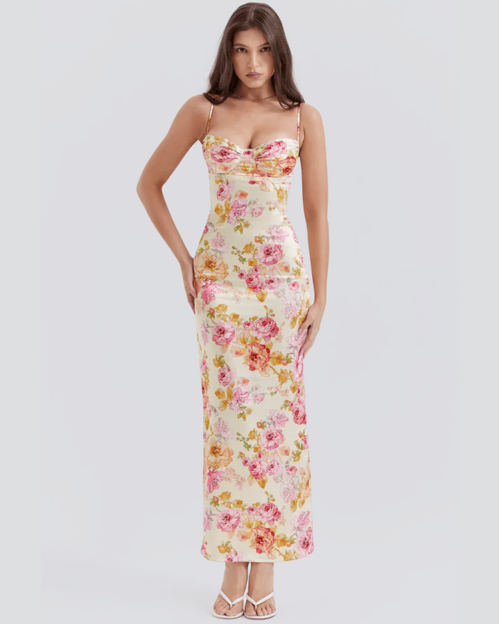 Sybil | Elegant Floral Midi Dress With Sweetheart Neckline