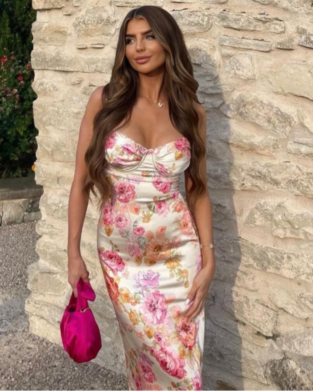 Sybil | Elegant Floral Midi Dress With Sweetheart Neckline