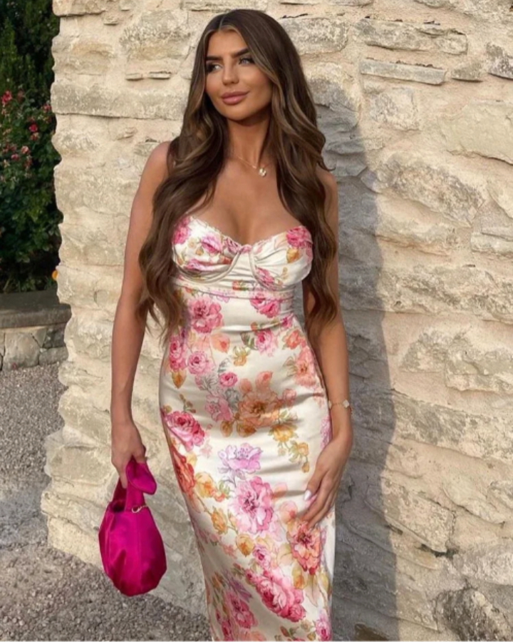 Sybil | Elegant Floral Midi Dress With Sweetheart Neckline
