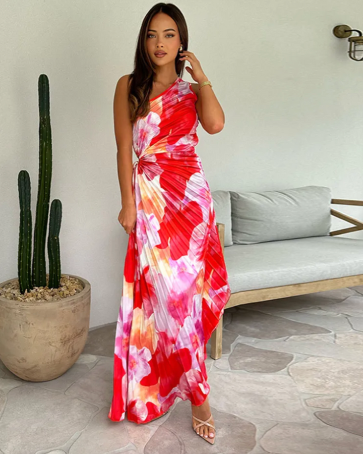 Camille | Elegant One-Shoulder Pleated Printed Maxi Dress