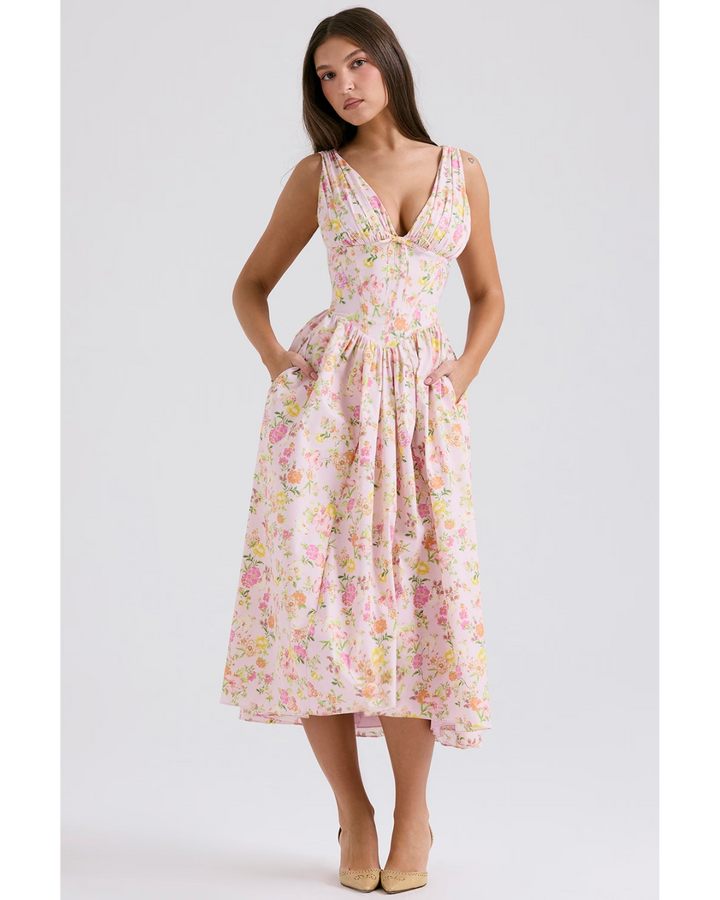 Rosie | Elegant V-Neck Floral Midi Dress