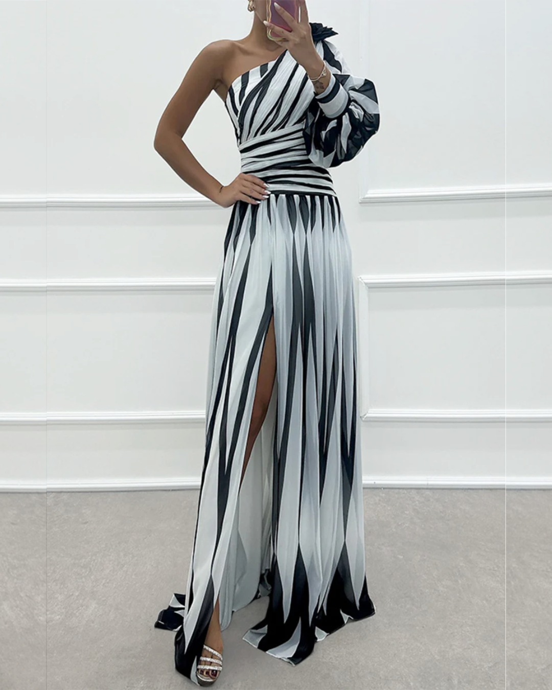 Eliza | Elegant One Shoulder Striped Maxi Dress