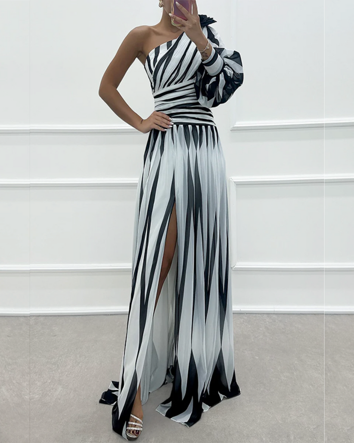 Eliza | Elegant One Shoulder Striped Maxi Dress