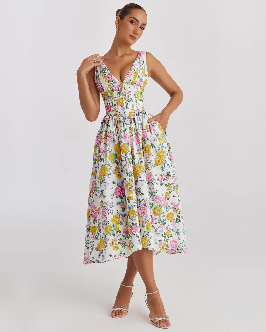 Sybil | Floral V-Neck Midi Dress With Fit And Flare Silhouette