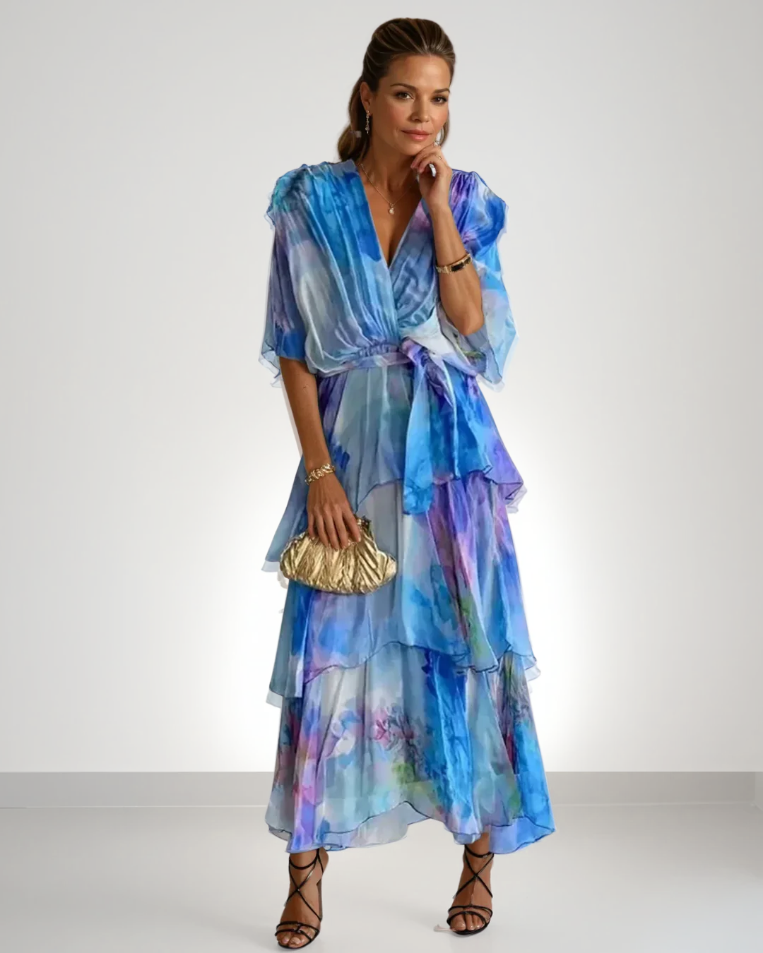 Sybil | Elegant V-Neck Tiered Watercolor Maxi Dress
