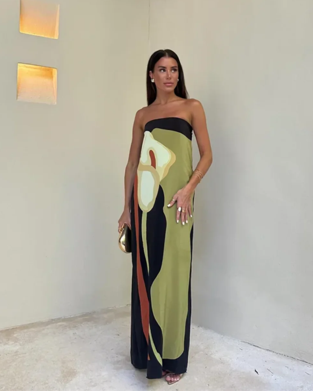 Vivienne | Stylish Abstract Print Strapless Maxi Dress